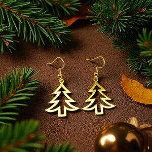Christmas Tree Cut-out Earrings 24KT Gold Plated Pine Trees Gold Plated Hooks